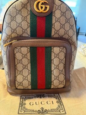 Gucci Beige GG Supreme Backpack with Red & Green Web and Brown Trim